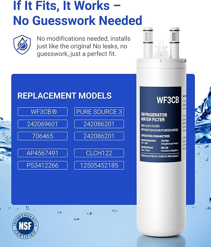 Compatible with Frigidaire WF3CB, PureSource 3, 706465, 242086201, 242086203, 242294501, 242069601, AP4567491, PS3412266, WF425, 1 PACK