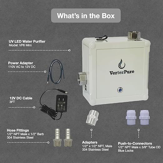 VP6 Mini UV-C LED Ultraviolet Water Filter Purifier, Reduce up to 99.99% of Contaminants at Flow Rate 1.58GPM, Smart On/Off Switch, 12V DC for RV Boats Off-Grid Livings, Mercury Free
