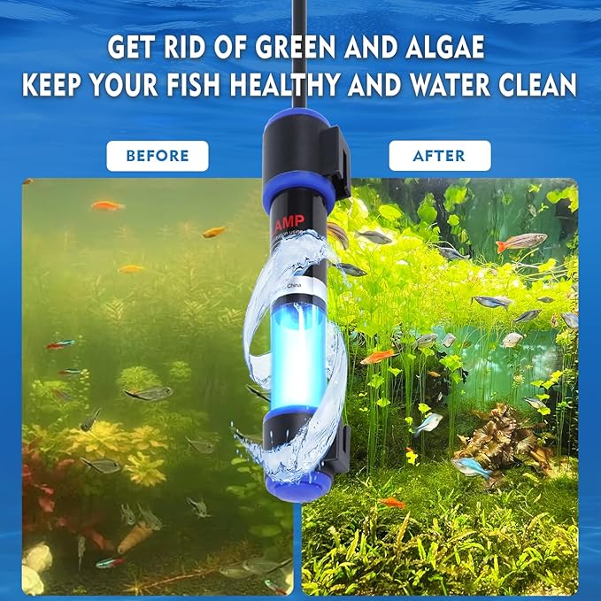 UV-C Aquarium Clean Light with Timer, Mini 3W 5W 7W 9W 11W Submersible Algae Clean Light Water Green Clean Fish Tank Water Clean Lamp for Sump Pond Filter Tank (5W Timer)