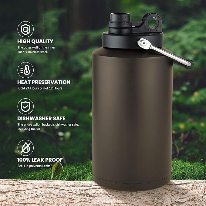 1 Gallon Water Bottle Insulated Stainless Steel Keeps Ice 48Hr, Large Water Gallon Jug Wide Mouth Leakproof Vacuum for Gym, Camping, & Construction Dark Khaki