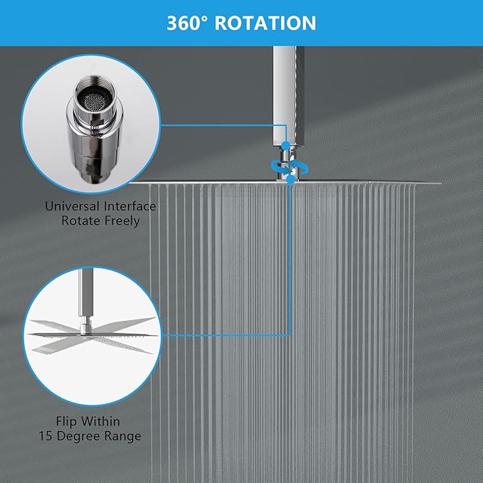 Lordear Rainfall Shower Head 10 Inch Solid Square Ultra Thin 304 Stainless Steel Polish Chrome Rain Setting Shower Heads,Waterfall Full Body Coverage with Silicone Nozzles