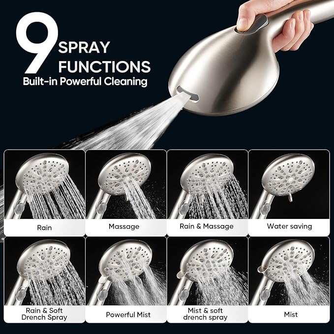 Cobbe High Pressure Shower Head with Built-in Pause Button, 9-Function Detachable Showerhead with Handheld Brass Swivel Bracket & Stainless Steel Hose, Water Saving 1-Click Stop, Brushed Nickel