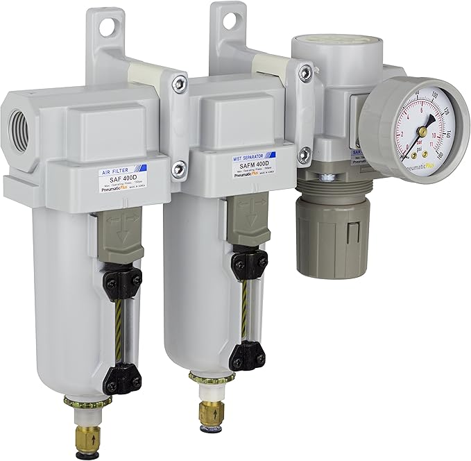 PneumaticPlus SAU470-N04DG-MEP 4 Stage Compressed Air Drying System - Particulate Filter, Coalescing Filter, Pressure Regulator & Water Separator, 1/2" NPT - Auto Drain, Metal Bowl for compressor - AquaVibe