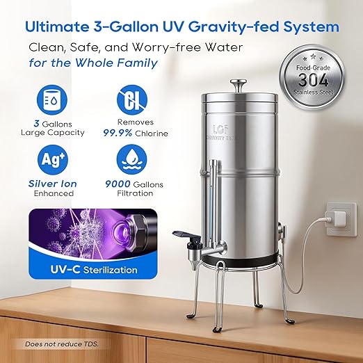 LCF 𝐒𝐢𝐥𝐯𝐞𝐫 𝐈𝐨𝐧𝐬 Enhanced UV-C Gravity Water Filter, Advanced Alternative to Berkey Water Filter System, NSF42 Standard, Reduces 99% Chlorine & Baçtёria, 6 Filters, Water Level Spigot, 3Gal