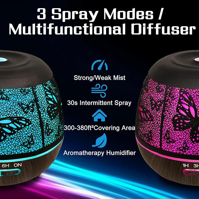 Essential Oil Diffuser for Bedroom 400ml,Diffusers for Home with R/C,Cool Mist Humidifier Large Room,Ultrasonic Scent Diffuser Waterless Auto Off,7 Colors Light & 3 Mist Modes for Desk Butterfly