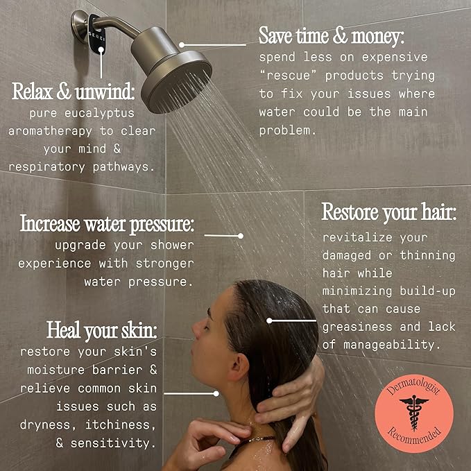 Lab Tested Filtered Shower Head | Best Shower Head with Filters for Chlorine & Hard Water | High Pressure Shower Filter for Healthy Skin & Hair | Soothes Dry or Irritated Skin & Hair (Brushed Nickel)
