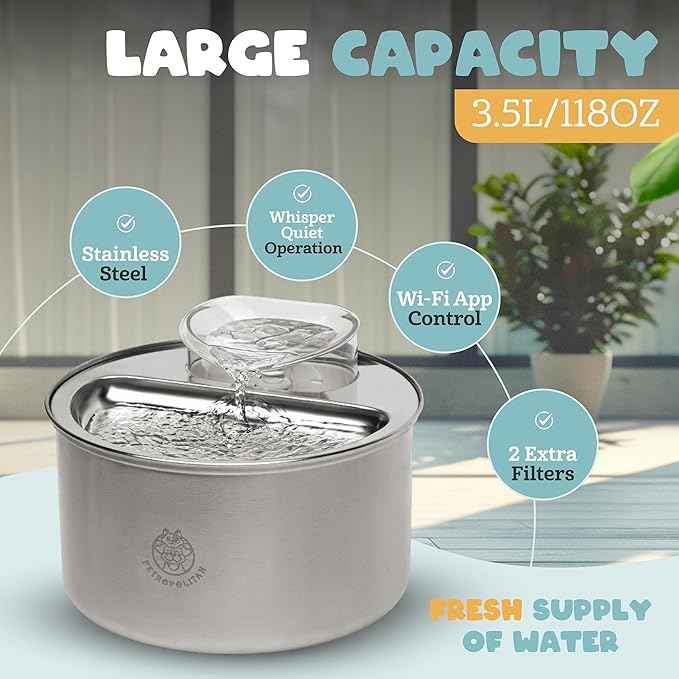 Smart Stainless Steel Cat Water Fountain – 3.5L/118oz Automatic Pet Water Dispenser for Cats & Dogs, Wi-Fi App Control, Ultra-Quiet Pump, 2 Extra Filters, Indoor Cat Fountain for Drinking