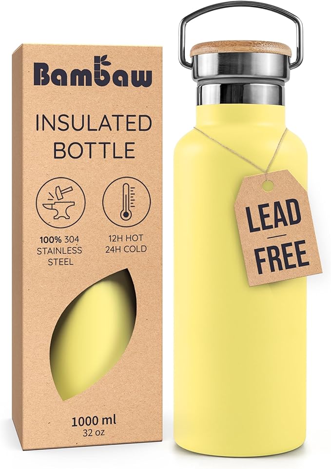 Bambaw 32 oz Stainless Steel Water Bottle, Insulated Metal Water Bottle Made of High-Grade Stainless Steel, Great for Travel, Gym & School, Durable & Reusable (Yellow Beam)