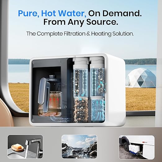Portable 5-Stage Reverse Osmosis System Countertop UV Water Filter,Intelligent Hot Water Purifier for Family Kitchen Camping, RV, Overlanding 0.0001μm RO Membrane, Lab-Grade Purity, Non-Install