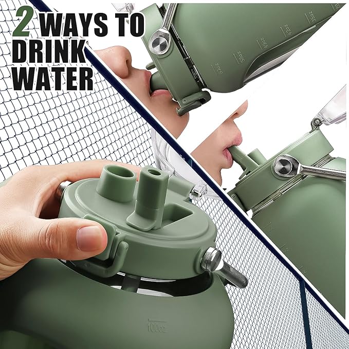 Large Glass Water Bottles with Stainless Steel Handle,100 oz Gallon Drinking Bottle with 2-in-1 Straw Lid,3 Liter Glass Water Jug with Silicone Sleeve,Wide Mouth,Olive