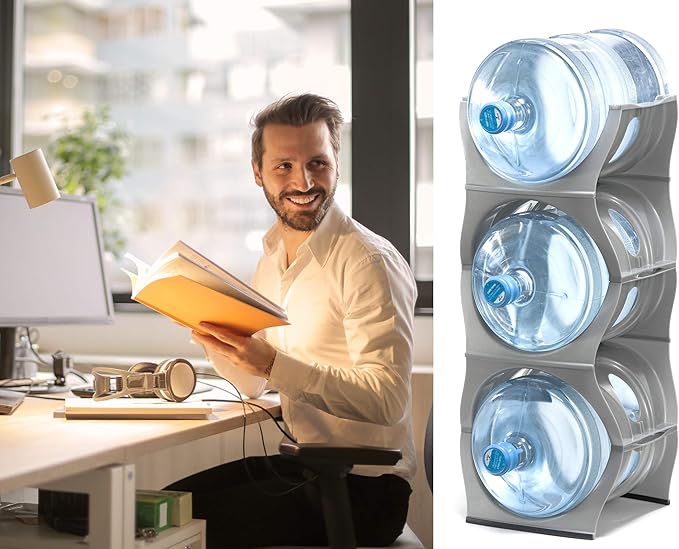 Bariboo Stackable Water Bottle Storage Rack Best Water Jugs 5 Gallon Organizer. Jug Holder for Kitchen, Cabinet and Office Organizing. Reinforced Polypropylene (Silver, 3 No Shelf)