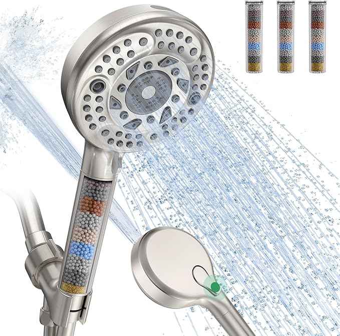 SunCleanse Filtered Shower Head with Handheld,9-Spray Setting Detachable Shower Head with 4 Filters for Hard Water - Filter Chlorine, Improve Skin and Hair Texture (4 Filters, Brushed Nickel)