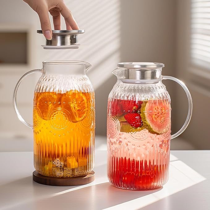 Bandesun Glass Pitcher with Lid, 68 oz/ 2 Liter 2Pack Vintage Water Pitcher,Glass Water Carafe for Cold Brew, Coffee, Lemonade, Iced Tea,Beverage, Heat Resistant Jug