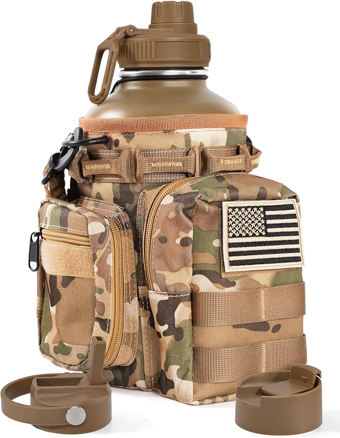 Tactical Half Gallon Water Bottle with Straw, 64 Oz Insulated Water Jug with Molle Water Bottle Holder, Stainless Steel Sport Bottle with 3 BPA Free Lids for Gym Workout Hiking (Brown)