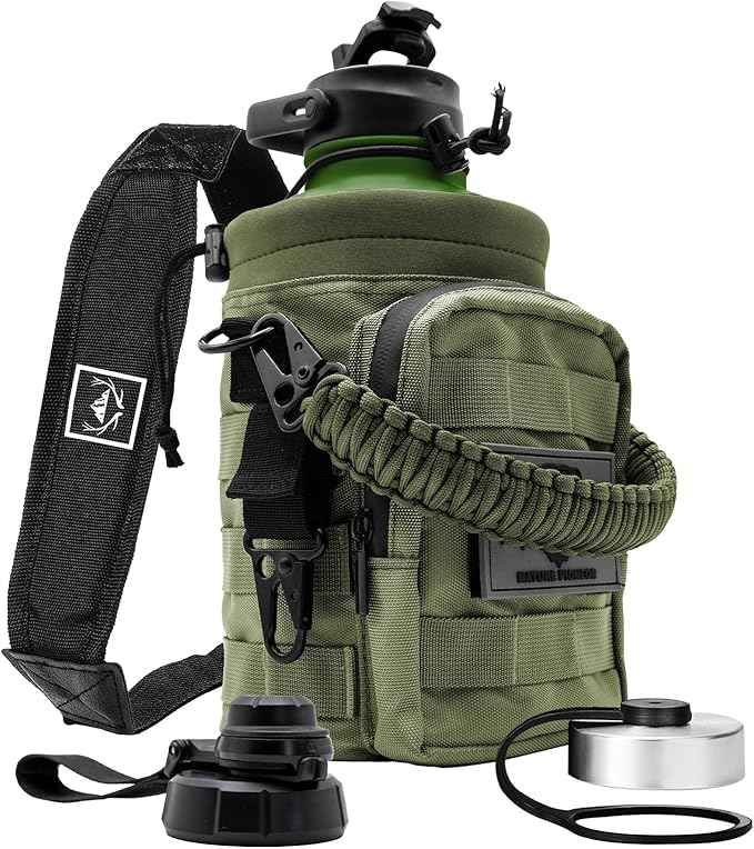 NATURE PIONEOR 64 oz Tactical Water Bottle Set, Stainless Steel Half Gallon Insulated Water Bottle with Tactical MOLLE Bottle Carrier Sleeve, for Outdoor Work, Gym, Hiking, Camping