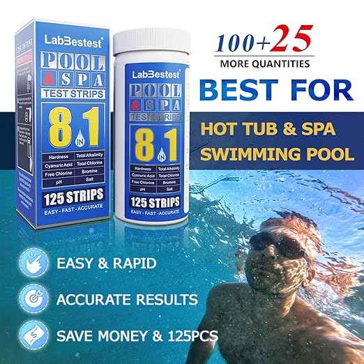 Pool Salt Test Strips - Salt Water Pool Testing Kit - 125 Swimming Pool Spa Hot Tub Test Strips - Rapid Accurate Easy to Test Hardness, Bromine, pH, Salt and More (8-Way)