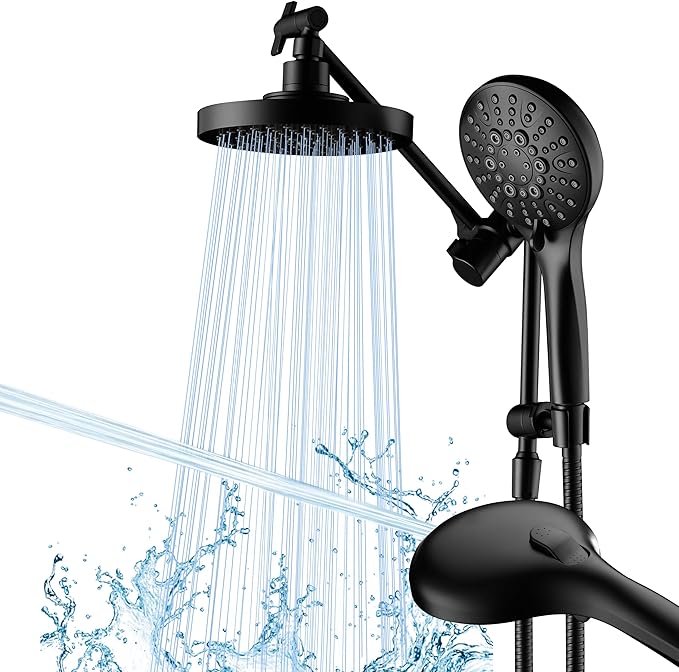 BRIGHT SHOWERS High Pressure Dual Shower Head Combo with Handheld and Rain Shower, Built-in Power Wash, 9 Settings, Height Adjustable Extension Arm, 3-Way Diverter, 69” Hose, Matte Black