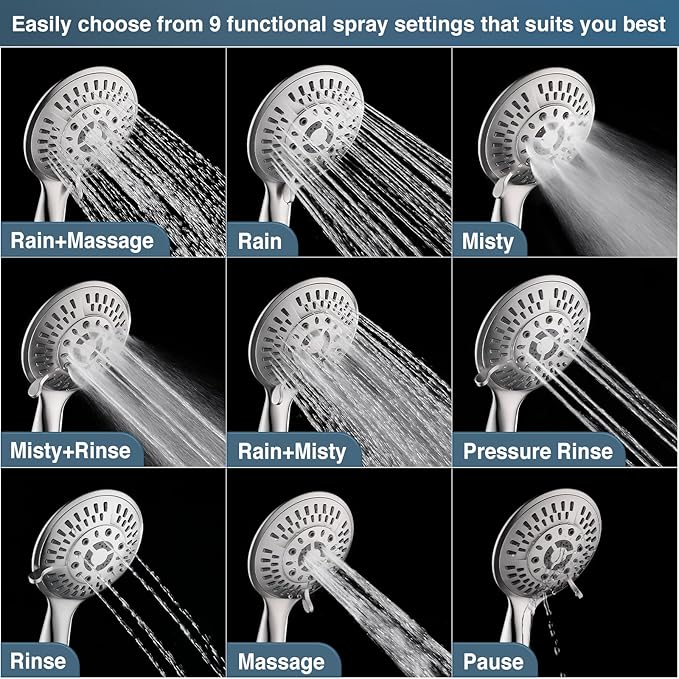 BRIGHT SHOWERS 9 Spray Settings Shower Head with Handheld High Pressure Brushed Nickel Hand Held Showerhead with 60 Inch Stainless Steel Hose and Adjustable Overhead Bracket - AquaVibe