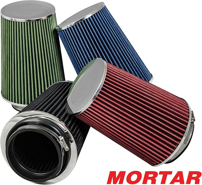 Mortar Aftermarket Auto Air Filter - Car Enthusiast Class Universal Cold Air Intake Gulps in More Air for More Engine Power & Passionate Induction Sound, 8-In-Long, Flange ID 3.5 In, Blue