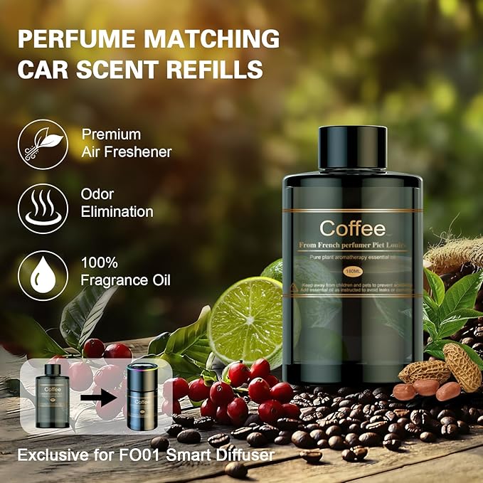 Car Air Freshener Refill for Men & Women 6.09 FL OZ /180ML-9 Month Coffee Scent Essential Oil Perfume, Essential Oil Made of Natural Plant Extracts, Compatible with Car Diffusers for Home/Office
