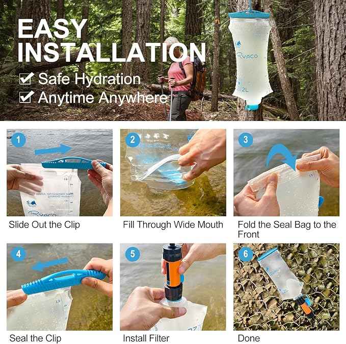 RYACO Water Bag 2L Compatible with Sawyer Squeeze Water Filter, Outdoor Water Container, Water Filter Bag with Durable TPU Material Collapsible Hydration Canteens for Camping Hiking Cycling Fishing