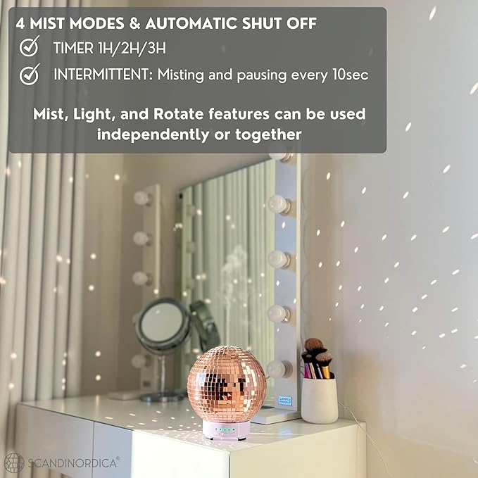 Disco Ball Diffuser Rotating - Aroma Diffuser Essential Oils, Cute Room Diffuser, Disco Ball Party Decorations, Disco Ball Decorations, Disco Ball Light | Fragrance Diffuser for Medium Room Rose Gold