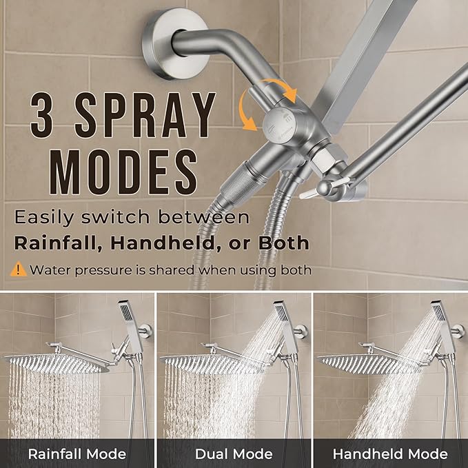 G-Promise All Metal 16 Inch Dual Square Shower Head with Handheld Spray Combo, Rain Shower Head, Adjustable Extension Arm, 3-Way Diverter, 71 Inch Extra Long Hose - A Bathroom Upgrade(Brushed Nickel)