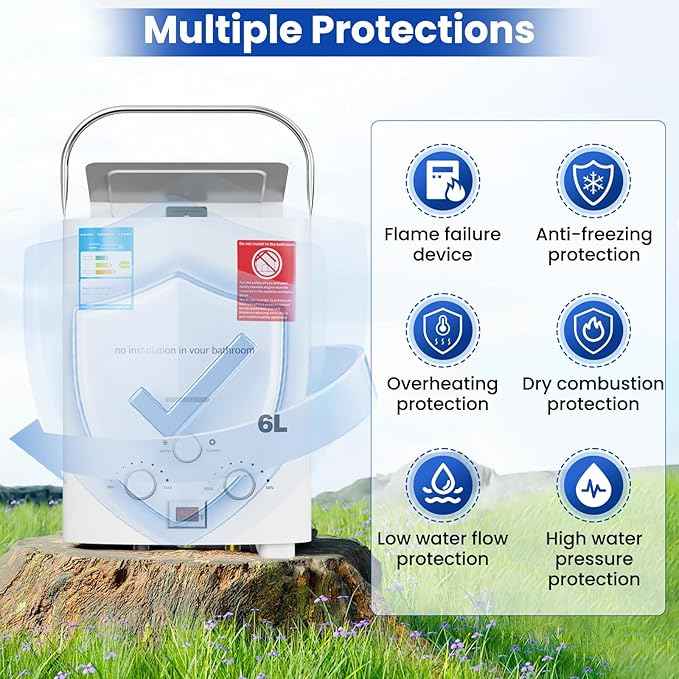 Propane Tankless Water Heater gas, 6L Portable propane shower 1.58 GPM, Outdoor Tankless Camping Water Heater for RV, Cabin, Barn, Camping, Boat, Outdoor Shower