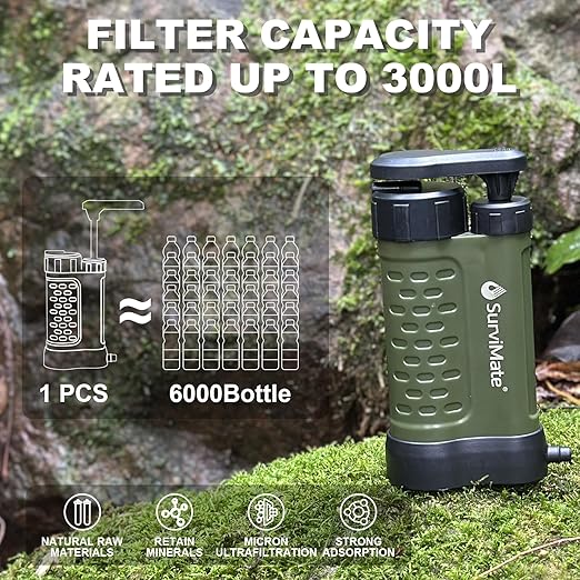 SurviMate Water Purifier Survival Pump，0.01 Micron 5-Stage Water Purifier System，Hand Pump Water Filter Portable Outdoor Emergency，Camping, Hiking, Backpacking