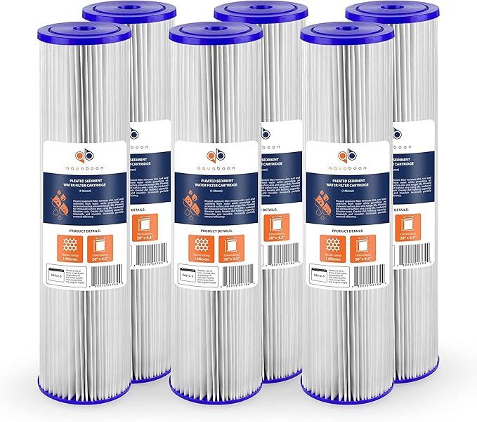 Aquaboon 1 Micron Whole House Pleated Sediment Water Filter Cartridge 20x4.5 Well Filter Replacement Compatible with ECP5-20BB, SPC-45-1005, 6 Pack