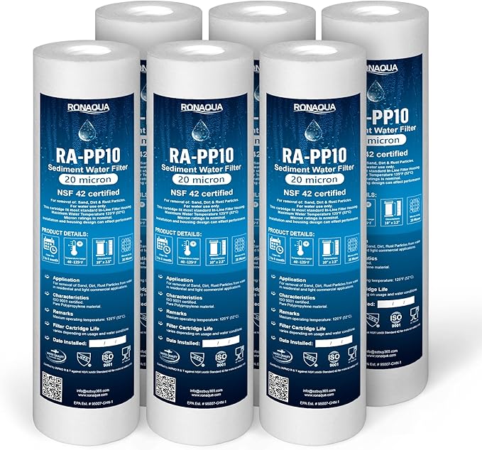 Ronaqua 20 Micron Sediment Water Filter Cartridge 10"x2.5", NSF Certified, 4-Layer Filtration for any 10-inch RO Units & Whole House Systems, Compatible with Culligan P5, AP110, WHKF-GD05, 6 Pack