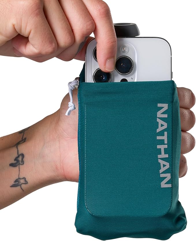 Nathan SpeedDraw 2 Insulated Handheld Running Water Bottle Flask 18oz – Double-Wall Insulation, Ergonomic Grip, Blast Valve Cap, Phone & Key Storage Pockets, Reflective Design