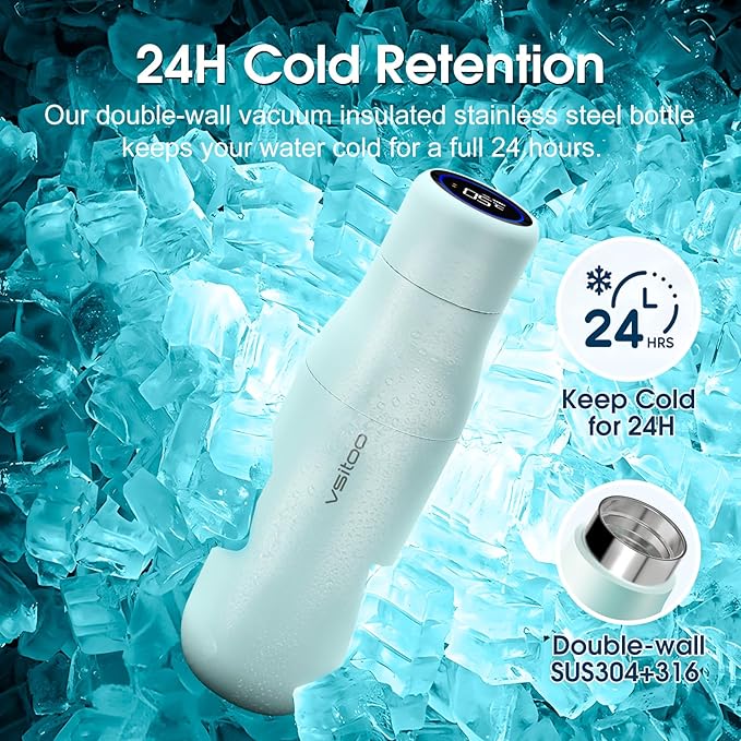 Vsitoo Self Cleaning Water Bottle - 15oz Stainless Steel, AI Self-Clean, 30-Day Battery, Magnetic Charging, BPA-Free for Travel/Gym/Office, No App Needed