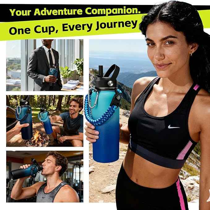 40 oz Insulated Water Bottle with Straw & Spout Lids, Paracord Handle, Bottle Holder with Strap, 40 oz Stainless Steel Water Bottle Cold for 48H, Vacuum Metal Thermal Flask for Work Travel