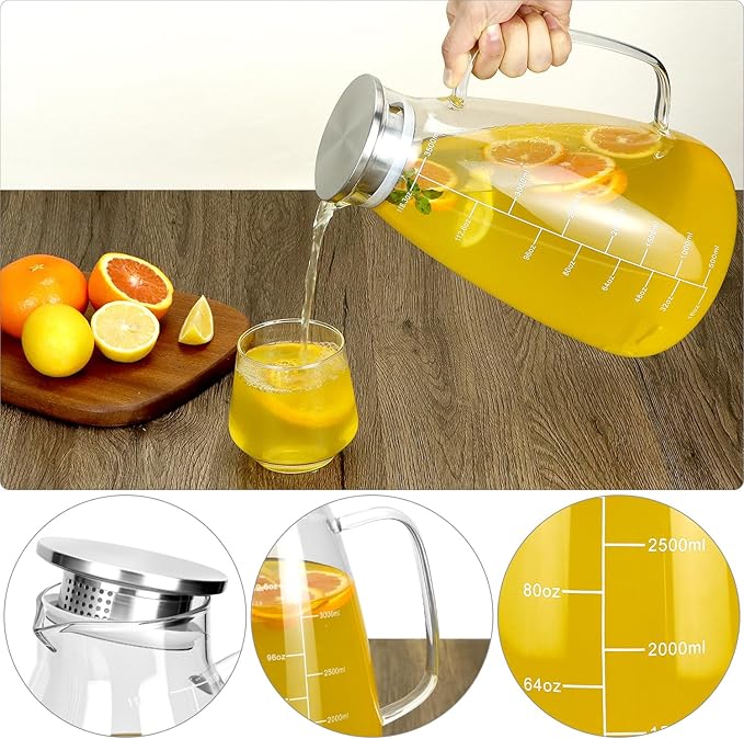 QWORK Glass Pitcher with Lid, 118 OZ Glass Water Pitcher with Precise Scale Line, Hot/Cold Water Jug, for Milk, Beverages