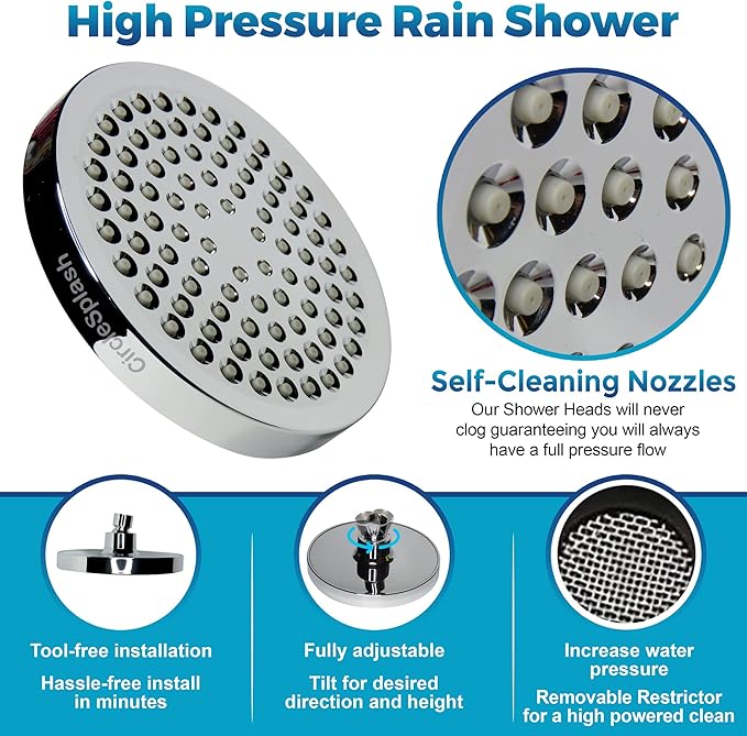 High Pressure Shower Head - Anti-Clogging Silicone Nozzles - 2.5 GPM Removable Restrictor - Easy to Clean Adjustable Replacement - easy to install with Plumbers Tape - 6 inch - Classic Chrome Finish - AquaVibe