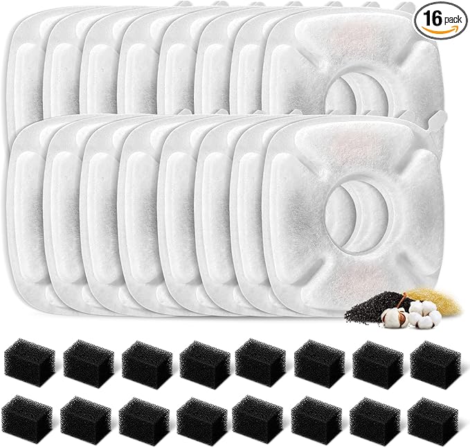 32 Pcs Cat Water Fountain Replacement Filters- 16 Pack Cat Fountain Filters with 16 Pack Pre-Filter Sponges, Pet Fountain Filter Fit for 95oz/2.8L Automatic Pet Fountain Cat Water Fountain