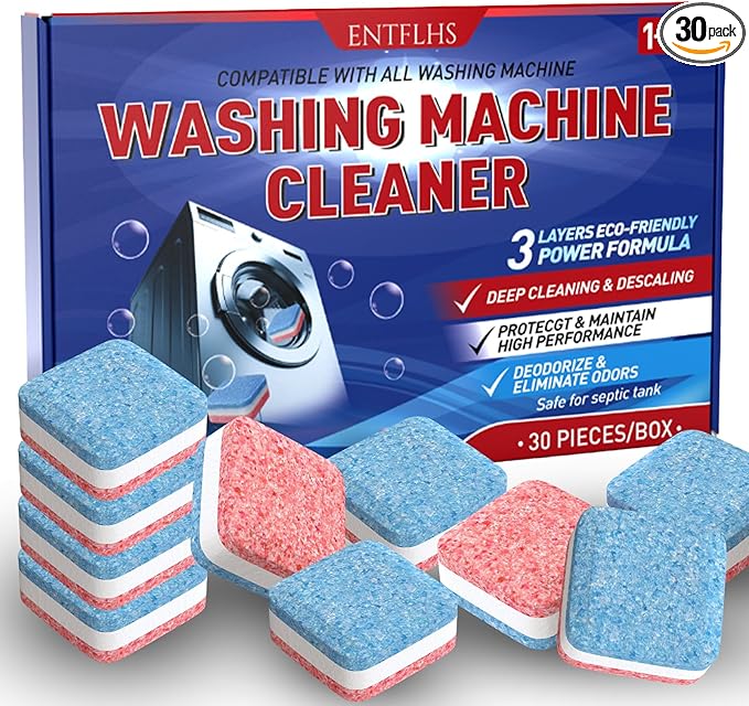 Washing Machine Cleaner Tablets 30 Pack - HE Top Load & Front Load Washer Cleaner, Eco Friendly Septic Safe, 3 Layers Deep Cleaning, Descaler & Deodorizer, 1+ Year Supply (30 Count - AquaVibe