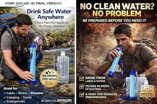 Portable Water Filter Straw Kit – Emergency Survival Water Purifier, 99.99% Bacteria Removal, Lightweight Camping & Outdoor Filtration System with Collapsible Water Bag