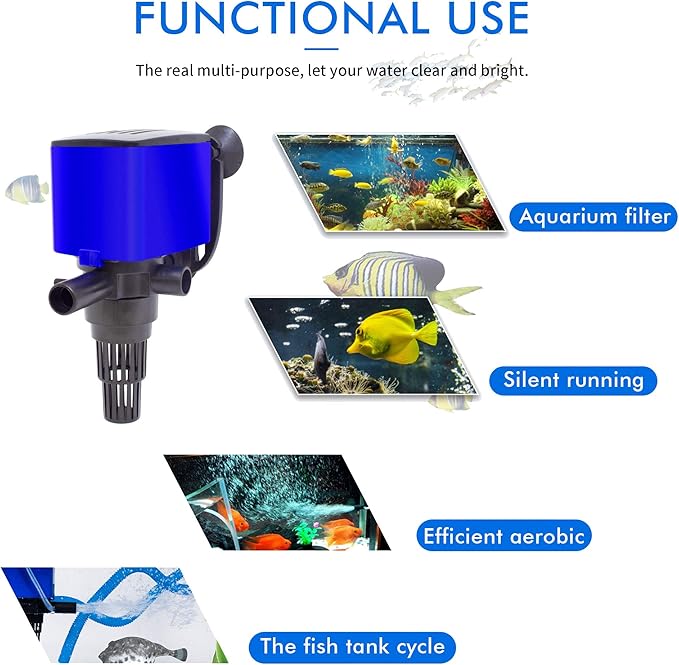 320 GPH Powerhead Submersible Pump - 3 in 1 Aquarium Fish Tank Pump with Oxygenation, Filtration & Water Cycling, 3.9 ft max lift, 20W - 3 Pack