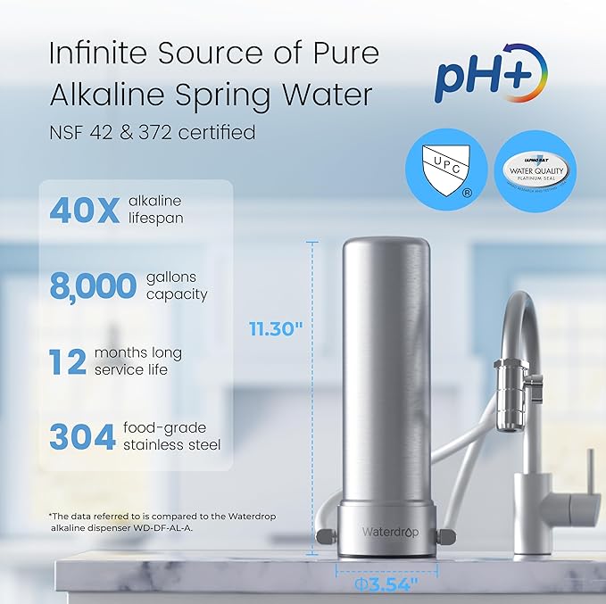 [Alkaline] Waterdrop Water Filter for Sink Faucet, NSF/ANSI 42 Certified Countertop Water Filter System, 5-Stage Stainless Steel Faucet, 8000 Gallons, Reduces 99% Chlorine, WD-CTF-04(1 Filter)