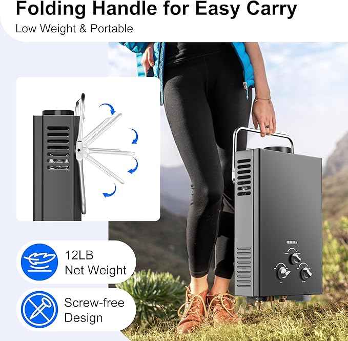 Outdoor Tankless Propane Water Heater 1.58GPM 6L Portable Gas Water Heater with Handle & Overheating Protection, Instant Hot Water for Camping RV Cabin Boat Barn - Black