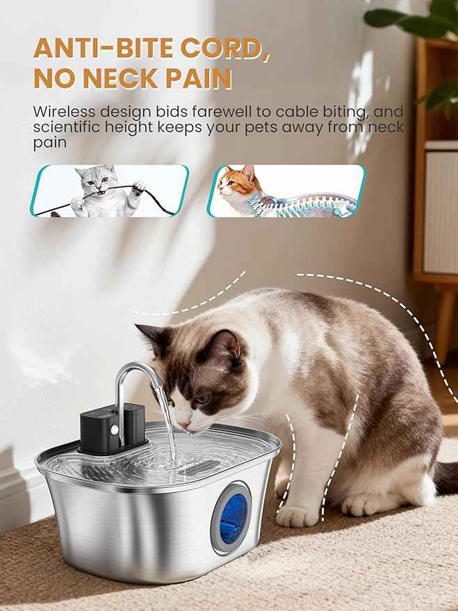 Cat Water Fountain Stainless Steel Cat Fountains for Drinking-108oz/3.2L Quiet Water Fountain for Cats Wireless Cat Water Fountain with Water Level Window for Cats&Dogs Indoor (3 Filter)