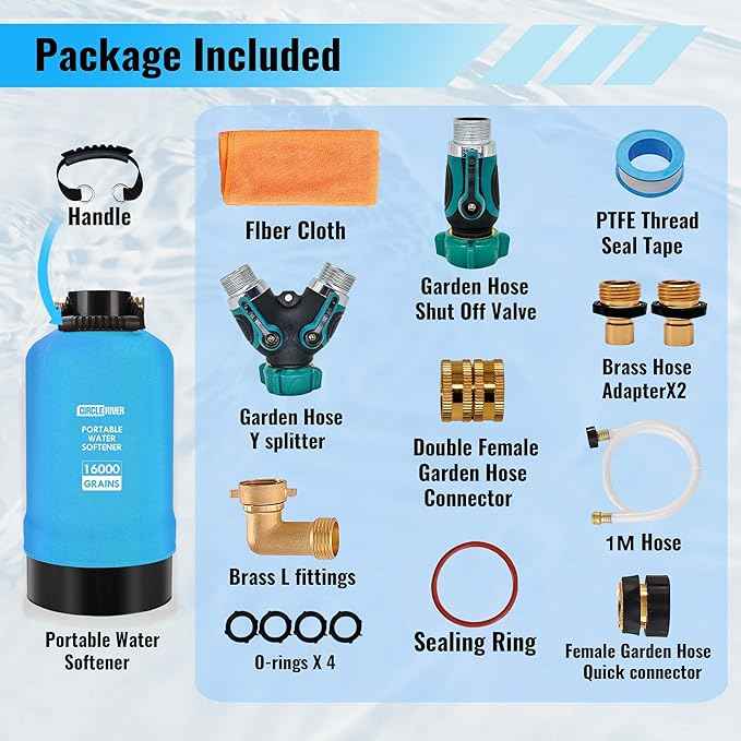 RV Water Softener with Water Hose, 16000 Grains 3/4" Brass Fittings Food-Grade Resin Soften Hard Water Improve Water Quality Portable Water Softener for RV, Trailers