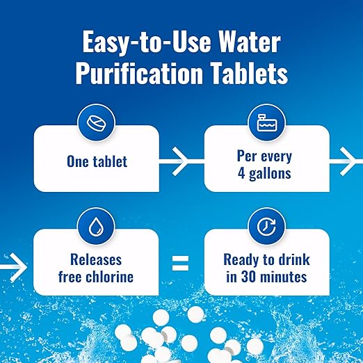 Drinking Water Essentials Kit - 200 Aquatabs Water Purification Tablets + 50 Chlorine Test Strips - for Boat and RV Tanks - By Aquamarine Water Solutions