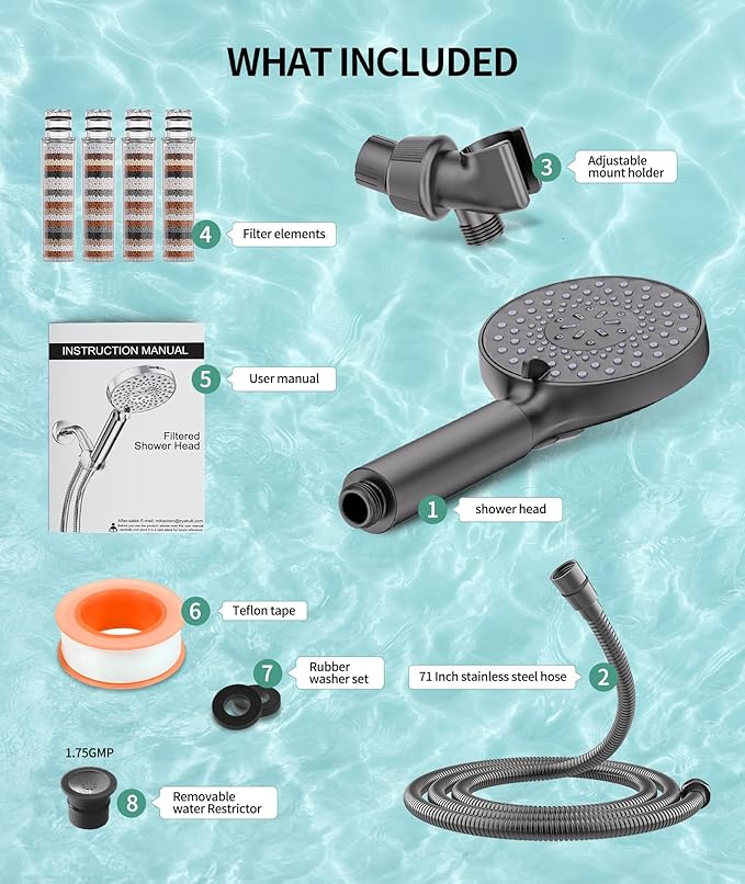 Filtered Shower Head with Handheld, High Pressure 9 Spray Mode Gunmetal Grey Showerhead With Filters,Detachable Shower Head,Water Softener Filters Beads For Hard Water - AquaVibe