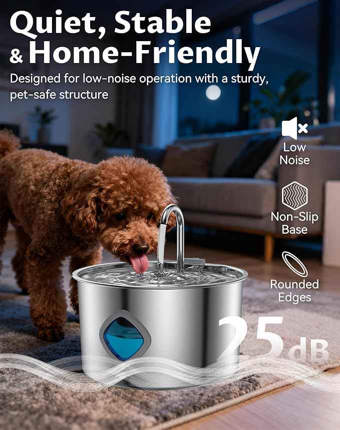 Dog Water Bowl - 3.2L Stainless Steel Dog Water Fountain, Multi-Filtration and Steady Water Circulation, Easy to Clean, Pet Water Fountain with Ultra-Quiet Pump for Dogs Cats (2Set, 20+20 Filter)