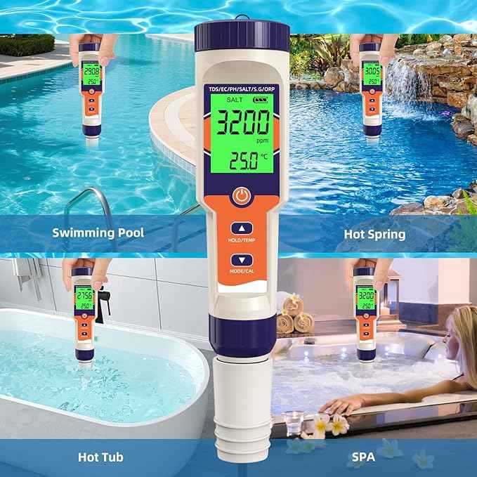 7-in-1 Digital Pool Salt Tester | pH, ORP, Salinity, TDS, EC, Temperature Meter for Saltwater Pools, Hot Tubs, Spas, Aquariums, Hydroponics，Saltwater Pool Tester