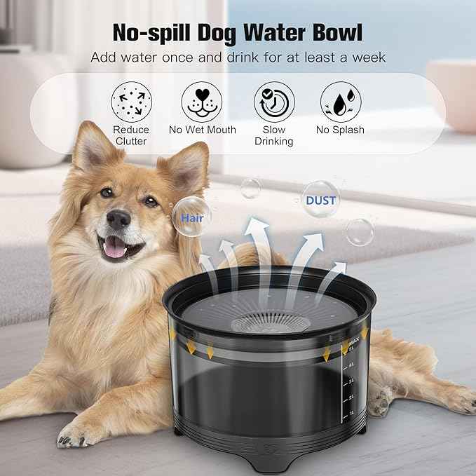 UPSKY 5.5L Dog Water Bowl,186oz Large Capacity No Spill Water Bowl for Dogs, Splash Proof Slow Water Feeder with Heightened Base, Anti-Slip Slow Drinking Pet Water Bowl for Messy Drinkers, B-Black