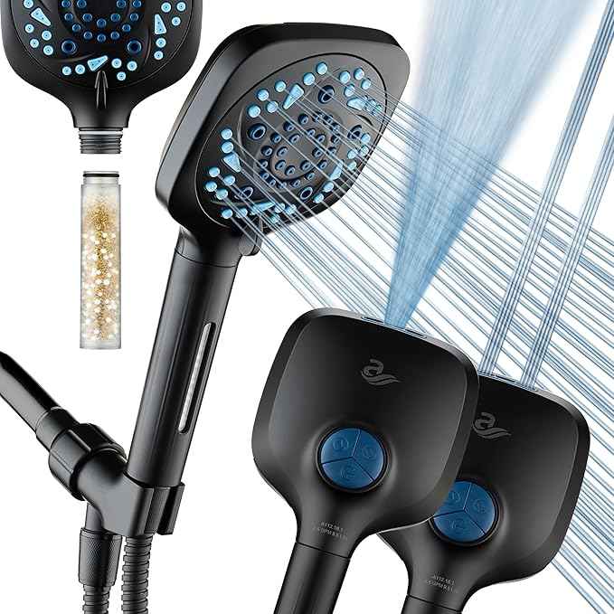 AquaCare High Pressure 10 Spray Mode Filtered Showerhead - Handheld Shower Head Filters Chlorine to Heal Dry Skin, Revive Hair - Dual Power Wash Cleans Tub, Tile, Pets - Hard Water Softener, Black